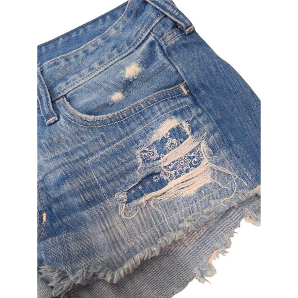 Hollister Cut Off Distressed Jean Shorts Womens 7 28 Inch Button Fly Blue Frayed - Picture 4 of 6